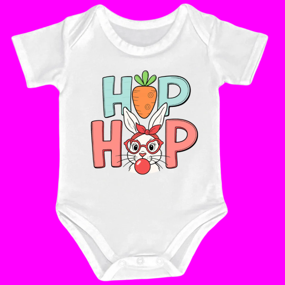 Hip Hop Easter Bunny Baby Bodysuit, 100% Cotton Onesie with Carrot Design, Infant Short Sleeve